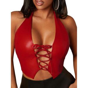 imageMakeMeChic Womens PU Leather Grommet Eyelet Lace Up Front Crop Halter Tops Sexy Backless Slim Fit Tank TopsRed