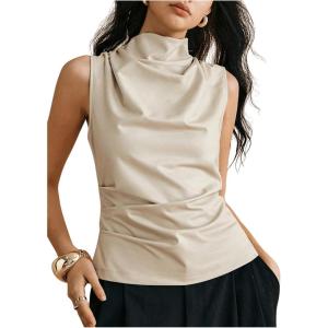 imageMakeMeChic Womens PU Leather Mock Neck Ruched Tank Top Sleeveless Slim Fit Shirt TopsKhaki
