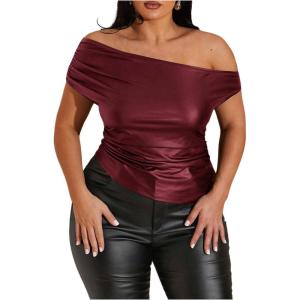 imageMakeMeChic Womens Plus Size Faux Leather One Shoulder Blouse Short Sleeve Ruched Fitted Blouses TopBurgundy