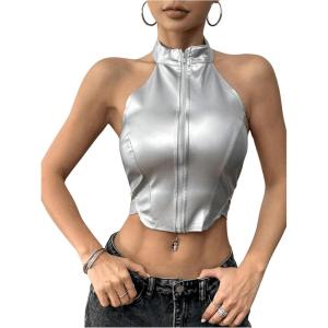 imageMakeMeChic Womens Sleeveless PU Leather Halter Tops Zipper Front Asymmetrical Hem Y2K Crop TopSilver
