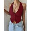 imageMakeMeChic Womens Button Front Halter Crop Tops Tie Back Fitted Vest Top Suit Vest WaistcoatBurgundy