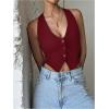 imageMakeMeChic Womens Button Front Halter Crop Tops Tie Back Fitted Vest Top Suit Vest WaistcoatBurgundy