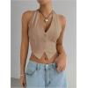 imageMakeMeChic Womens Button Front Halter Crop Tops Tie Back Fitted Vest Top Suit Vest WaistcoatKhaki