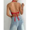 imageMakeMeChic Womens Button Front Halter Crop Tops Tie Back Fitted Vest Top Suit Vest WaistcoatRed