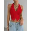 imageMakeMeChic Womens Button Front Halter Crop Tops Tie Back Fitted Vest Top Suit Vest WaistcoatRed