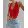 imageMakeMeChic Womens Button Front Halter Crop Tops Tie Back Fitted Vest Top Suit Vest WaistcoatRed