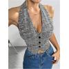 imageMakeMeChic Womens Button Front Halter Crop Tops Tie Back Fitted Vest Top Suit Vest WaistcoatStriped Grey