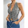 imageMakeMeChic Womens Button Front Halter Crop Tops Tie Back Fitted Vest Top Suit Vest WaistcoatStriped Grey