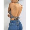 imageMakeMeChic Womens Button Front Halter Crop Tops Tie Back Fitted Vest Top Suit Vest WaistcoatStriped Grey