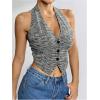 imageMakeMeChic Womens Button Front Halter Crop Tops Tie Back Fitted Vest Top Suit Vest WaistcoatStriped Grey