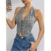 imageMakeMeChic Womens Button Front Halter Crop Tops Tie Back Fitted Vest Top Suit Vest WaistcoatStriped Grey