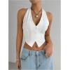 imageMakeMeChic Womens Button Front Halter Crop Tops Tie Back Fitted Vest Top Suit Vest WaistcoatWhite