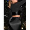 imageMakeMeChic Womens Faux Leather Mock Neck Long Sleeve Tee Shirts Party Crop TopsBlack