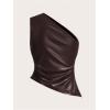 imageMakeMeChic Womens Faux Leather One Shoulder Sleeveless Y2k Tank Top Asymmetrical Ruched TopsBrown