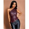 imageMakeMeChic Womens Faux Leather One Shoulder Sleeveless Y2k Tank Top Asymmetrical Ruched TopsBurgundy