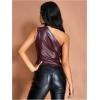imageMakeMeChic Womens Faux Leather One Shoulder Sleeveless Y2k Tank Top Asymmetrical Ruched TopsBurgundy
