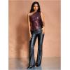 imageMakeMeChic Womens Faux Leather One Shoulder Sleeveless Y2k Tank Top Asymmetrical Ruched TopsBurgundy