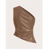 imageMakeMeChic Womens Faux Leather One Shoulder Sleeveless Y2k Tank Top Asymmetrical Ruched TopsKhaki