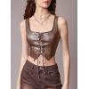 imageMakeMeChic Womens Faux Leather Top Sleeveless Lace Up PU Leather Crop Tank Top VestChocolate Brown