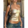 imageMakeMeChic Womens Metallic PU Leather Top Strapless Bandeau Sleeveless Party Crop Tube TopGold