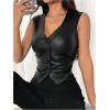 imageMakeMeChic Womens PU Leather Button Down Vest Top Sleeveless V Neck Y2K Tank Crop TopsBlack