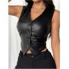 imageMakeMeChic Womens PU Leather Button Down Vest Top Sleeveless V Neck Y2K Tank Crop TopsBlack