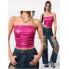 imageMakeMeChic Womens PU Leather Tops Summer Tube Top Ruched Sleeveless Slim Fit Strapless ShirtsPink
