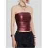 imageMakeMeChic Womens PU Leather Tops Summer Tube Top Ruched Sleeveless Slim Fit Strapless ShirtsRed