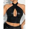 imageMakeMeChic Womens Plus Size Halter Top PU Leather Criss Cross Cut Out Backless Crop TopsBlack