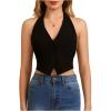 imageMakeMeChic Womens Button Front Halter Crop Tops Tie Back Fitted Vest Top Suit Vest WaistcoatBlack