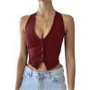 imageMakeMeChic Womens Button Front Halter Crop Tops Tie Back Fitted Vest Top Suit Vest WaistcoatBurgundy