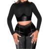 imageMakeMeChic Womens Faux Leather Mock Neck Long Sleeve Tee Shirts Party Crop TopsBlack