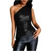 imageMakeMeChic Womens Faux Leather One Shoulder Sleeveless Y2k Tank Top Asymmetrical Ruched TopsBlack