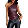 imageMakeMeChic Womens Faux Leather One Shoulder Sleeveless Y2k Tank Top Asymmetrical Ruched TopsBurgundy