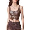 imageMakeMeChic Womens Faux Leather Top Sleeveless Lace Up PU Leather Crop Tank Top VestChocolate Brown