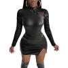 imageMakeMeChic Womens Faux Pu Leather Asymmetrical Geo Mesh Sheer Long Sleeve Mock Neck Shirts Blouse TopBlack