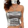 imageMakeMeChic Womens PU Leather Tops Summer Tube Top Ruched Sleeveless Slim Fit Strapless ShirtsSilver B