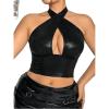imageMakeMeChic Womens Plus Size Halter Top PU Leather Criss Cross Cut Out Backless Crop TopsBlack