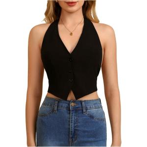 imageMakeMeChic Womens Button Front Halter Crop Tops Tie Back Fitted Vest Top Suit Vest WaistcoatBlack