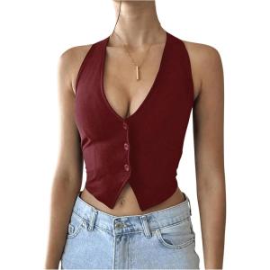 imageMakeMeChic Womens Button Front Halter Crop Tops Tie Back Fitted Vest Top Suit Vest WaistcoatBurgundy