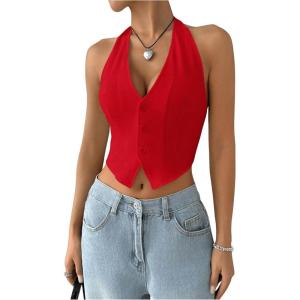 imageMakeMeChic Womens Button Front Halter Crop Tops Tie Back Fitted Vest Top Suit Vest WaistcoatRed