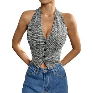 imageMakeMeChic Womens Button Front Halter Crop Tops Tie Back Fitted Vest Top Suit Vest WaistcoatStriped Grey
