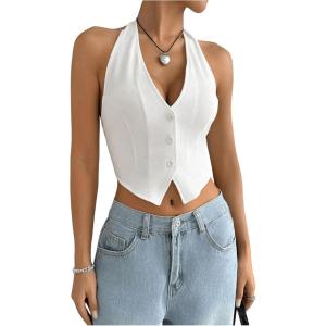imageMakeMeChic Womens Button Front Halter Crop Tops Tie Back Fitted Vest Top Suit Vest WaistcoatWhite