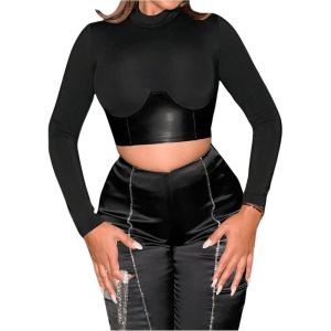 imageMakeMeChic Womens Faux Leather Mock Neck Long Sleeve Tee Shirts Party Crop TopsBlack