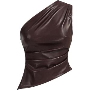 imageMakeMeChic Womens Faux Leather One Shoulder Sleeveless Y2k Tank Top Asymmetrical Ruched TopsBrown