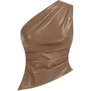 imageMakeMeChic Womens Faux Leather One Shoulder Sleeveless Y2k Tank Top Asymmetrical Ruched TopsKhaki