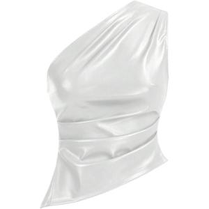 imageMakeMeChic Womens Faux Leather One Shoulder Sleeveless Y2k Tank Top Asymmetrical Ruched TopsSilver