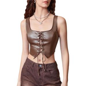 imageMakeMeChic Womens Faux Leather Top Sleeveless Lace Up PU Leather Crop Tank Top VestChocolate Brown