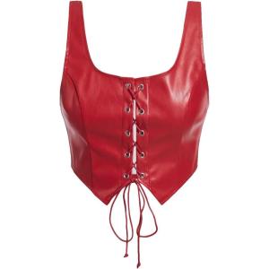 imageMakeMeChic Womens Faux Leather Top Sleeveless Lace Up PU Leather Crop Tank Top VestRed