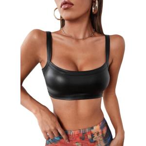 imageMakeMeChic Womens Faux PU Leather Sleeveless Spaghetti Strap Crop Cami TopBlack